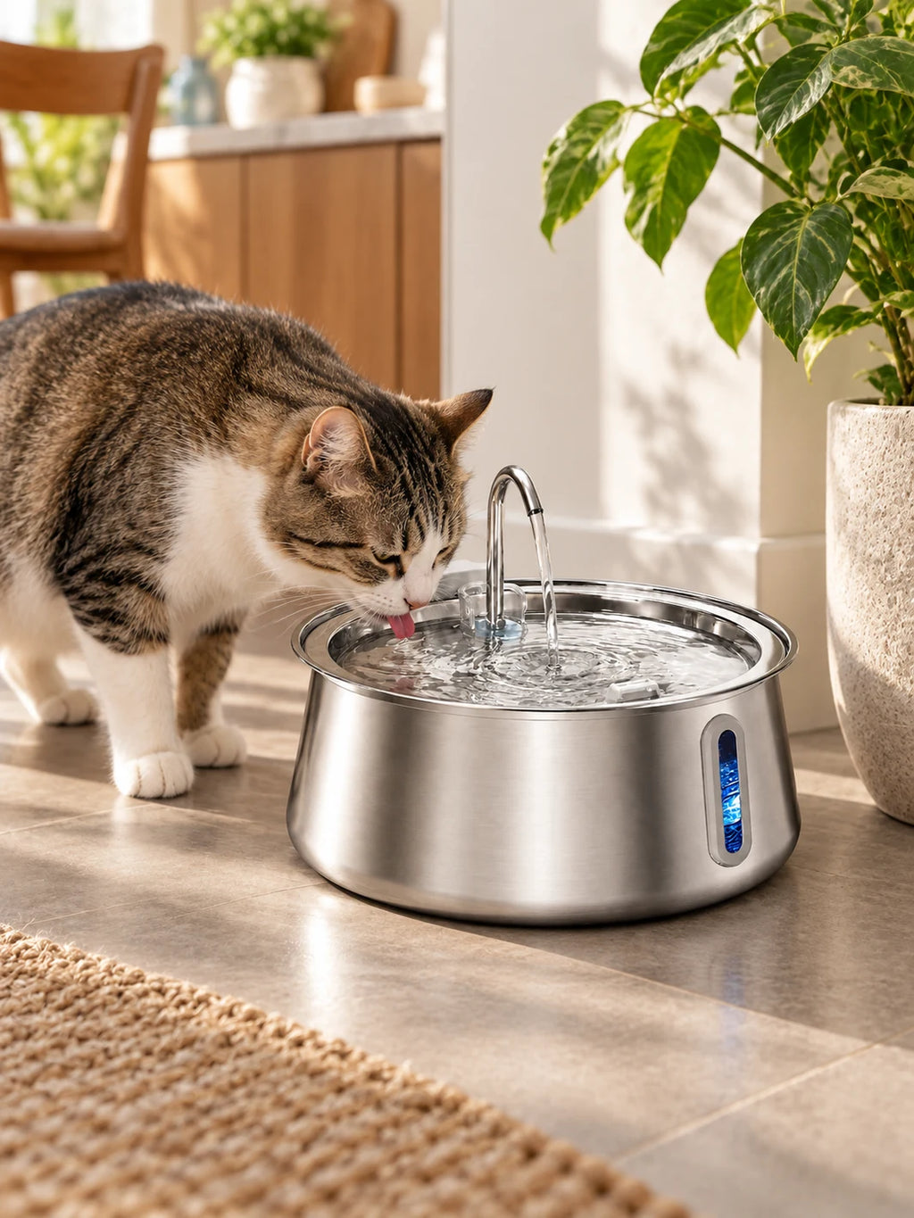 Chat buvant dans la fontaine automatique en inox Ondévia installée dans un intérieur lumineux.