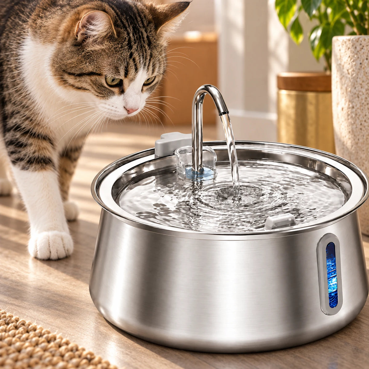 Gros plan de la fontaine automatique Ondévia et de son capteur lors de l’approche d’un chat.