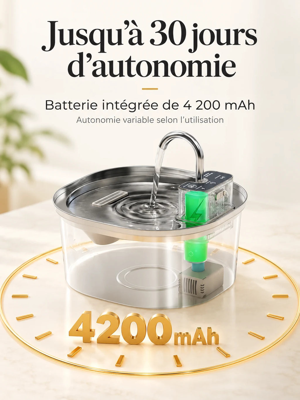 Batterie rechargeable de 4 200 mAh offrant jusqu’à 30 jours d’autonomie à la fontaine Autonéa.