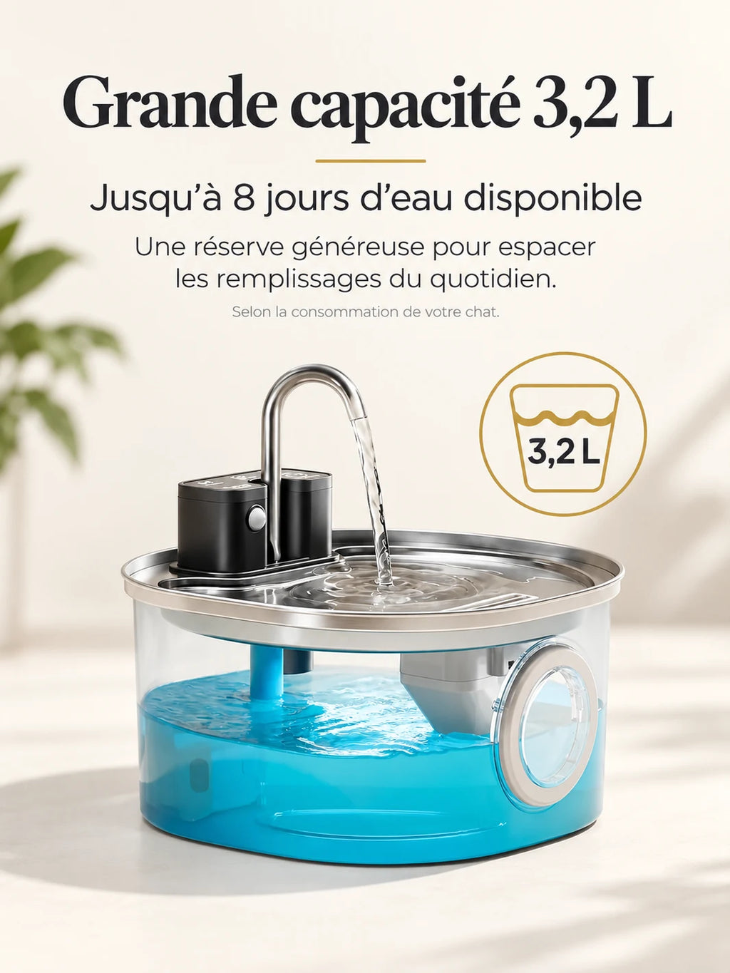 Réservoir de 3,2 L de la fontaine à eau pour chat Autonéa, conçu pour espacer les remplissages.