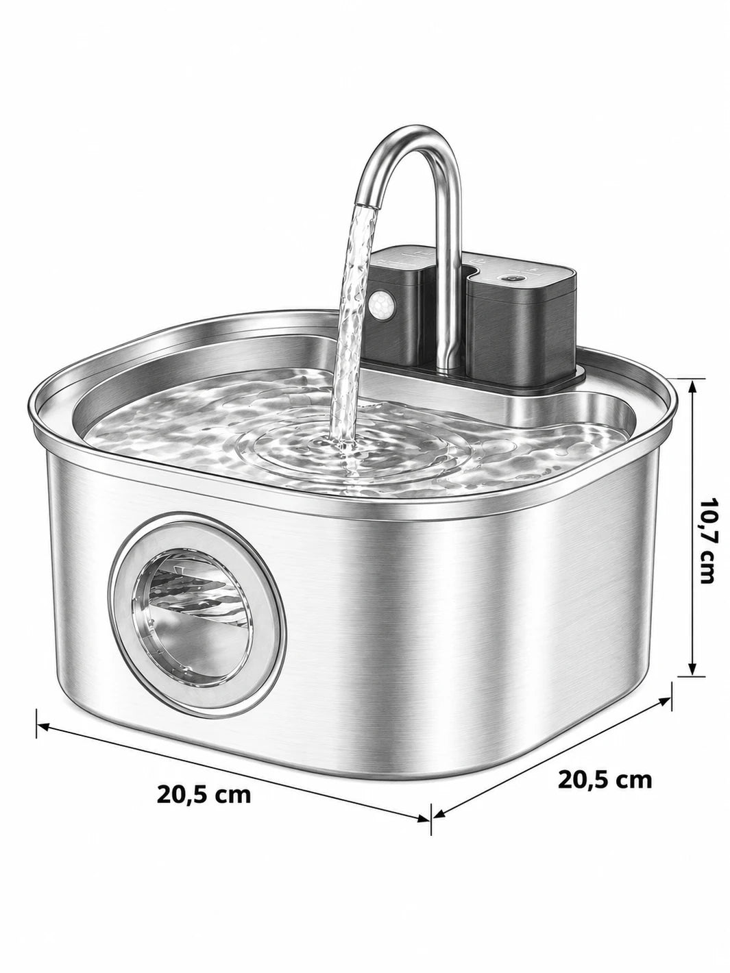 Dimensions de la cuve Autonéa : 20,5 × 20,5 cm et 10,7 cm de hauteur hors bec.