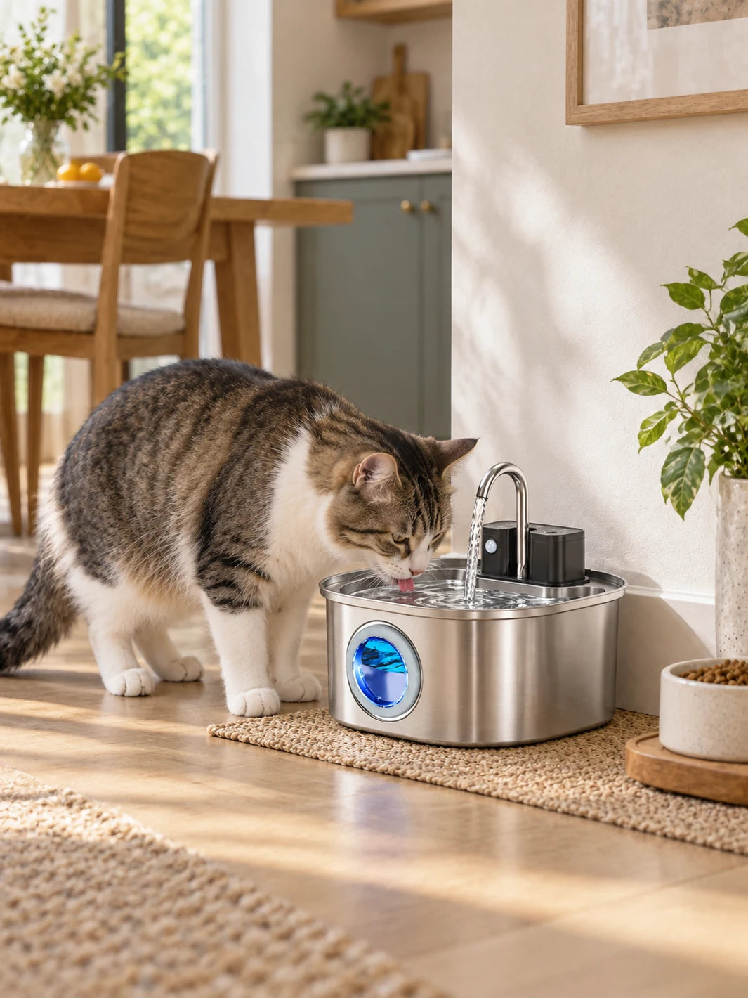Chat buvant dans la fontaine sans fil en inox Autonéa installée dans un intérieur lumineux.
