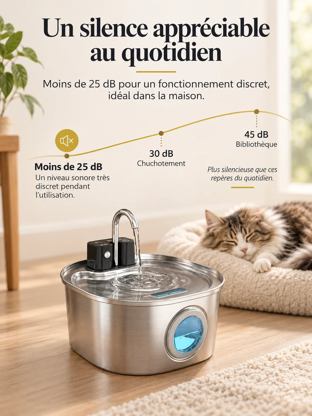 Fontaine à eau Autonéa en fonctionnement silencieux à moins de 25 dB près d’un chat au repos.
