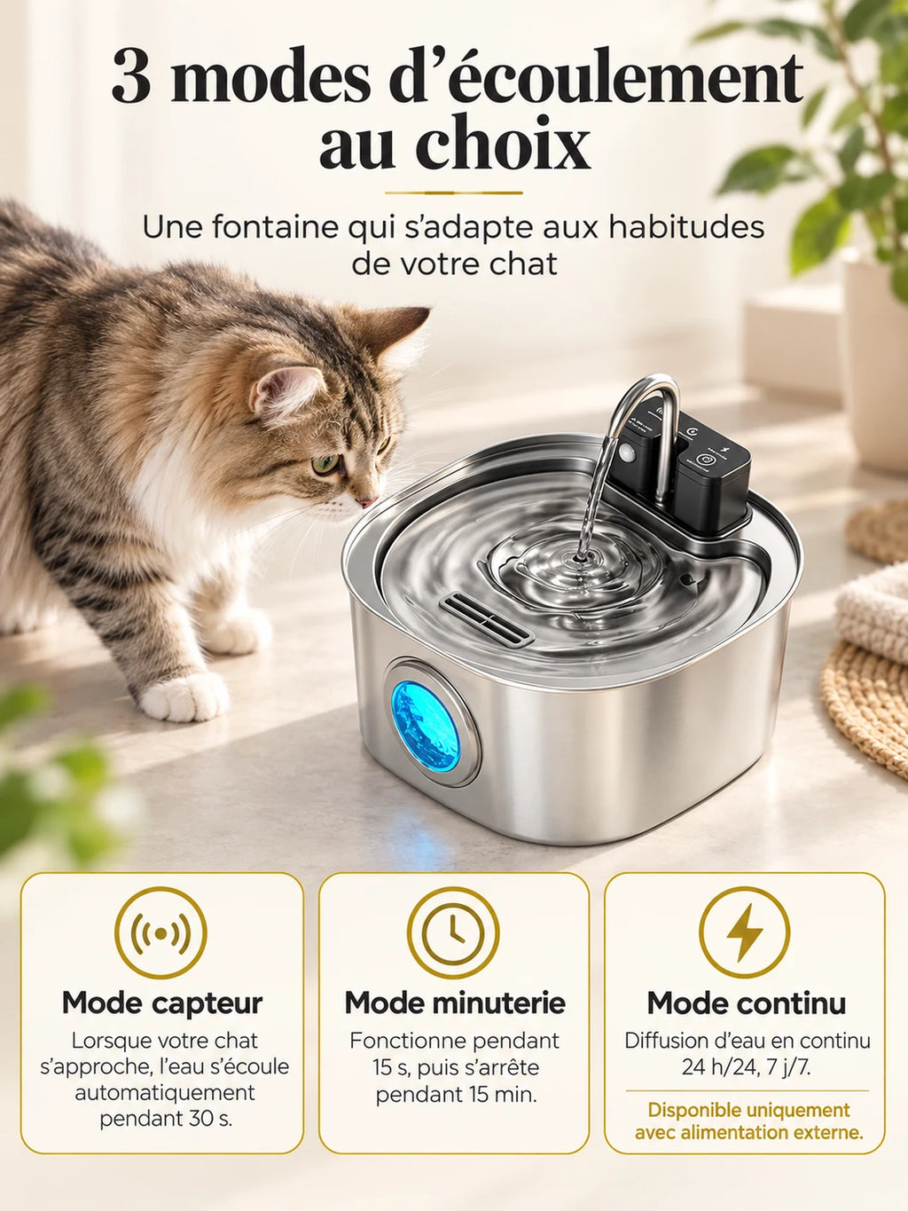 Trois modes de la fontaine Autonéa : détection, temporisation et écoulement continu.