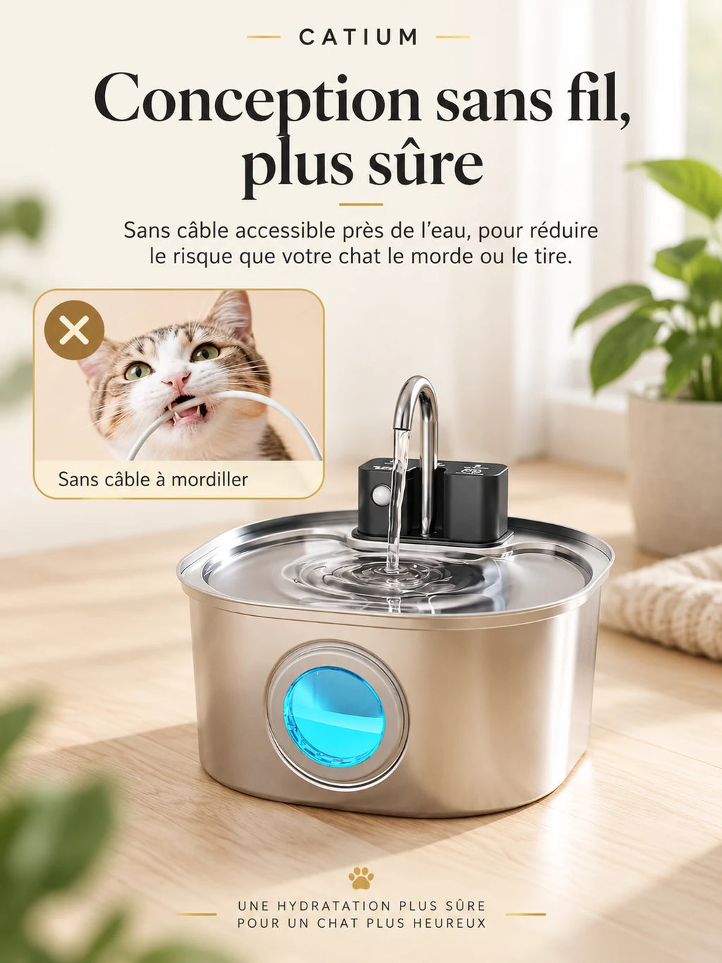 Fontaine Autonéa utilisée sur batterie sans câble accessible autour du point d’eau du chat.