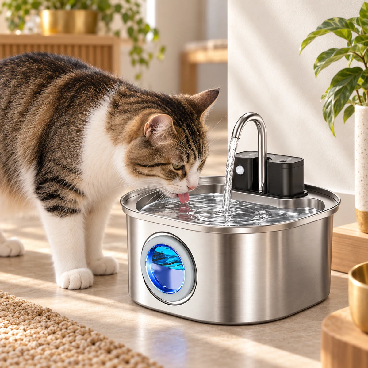 Chat buvant dans la fontaine Autonéa lors du déclenchement automatique de l’écoulement.