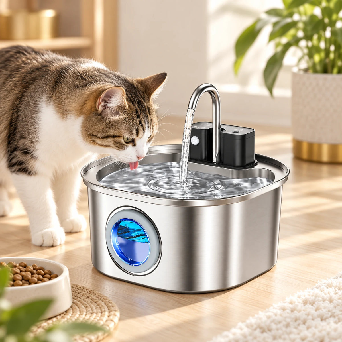 Fontaine à eau Autonéa installée librement sans câble visible pendant son utilisation sur batterie.