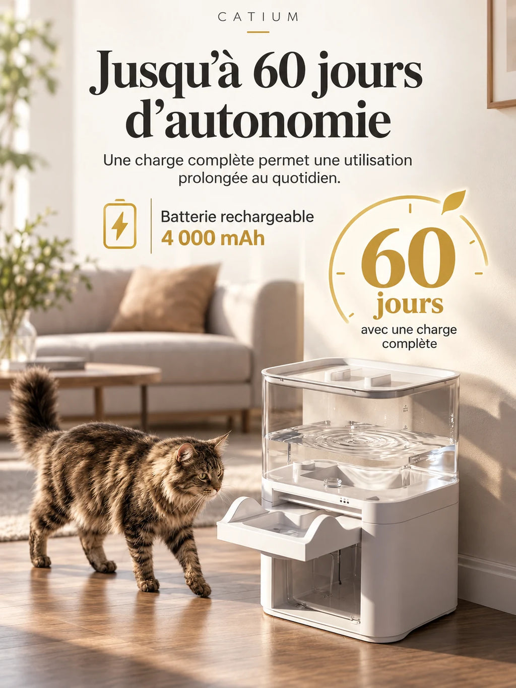 Autonomie présentée pour la batterie rechargeable de 4 000 mAh de la fontaine Clarivia.