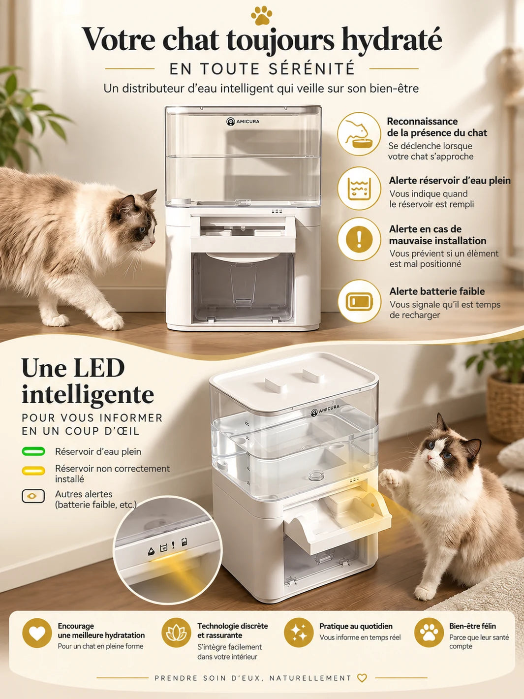 Détection de présence et voyants LED de contrôle de la fontaine sans fil Clarivia.
