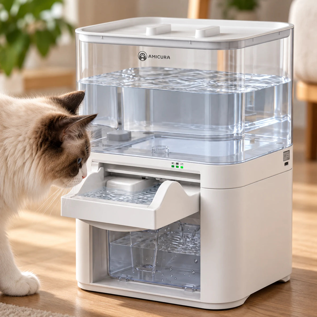 Gros plan du niveau visible et des voyants LED intégrés à la fontaine pour chat Clarivia.