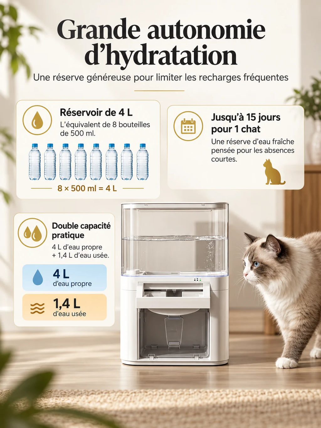 Réservoir d’eau propre de 4 L et bac d’eau utilisée de 1,4 L de la fontaine Clarivia.