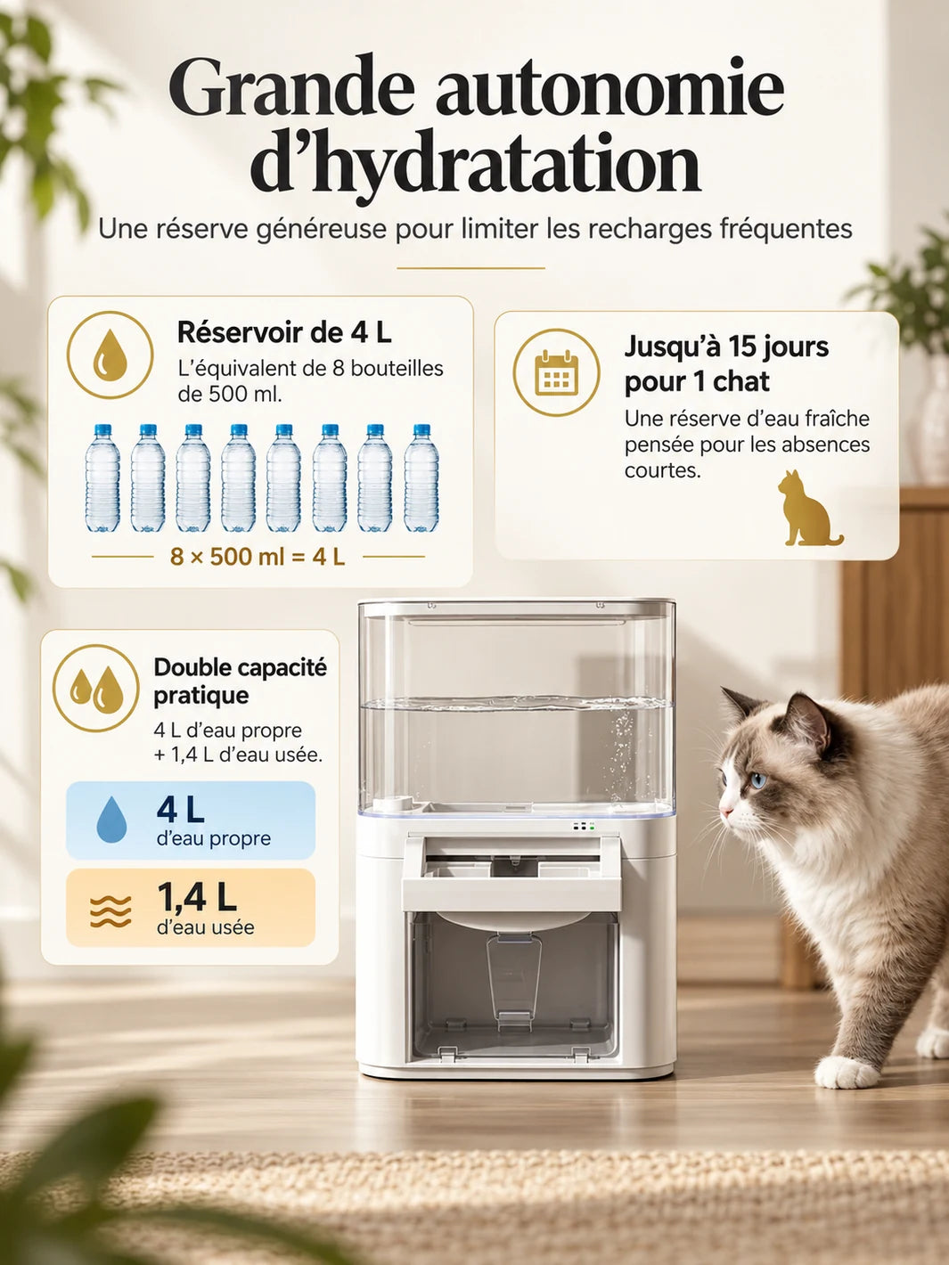 Réservoir d’eau propre de 4 L et bac d’eau utilisée de 1,4 L de la fontaine Clarivia.