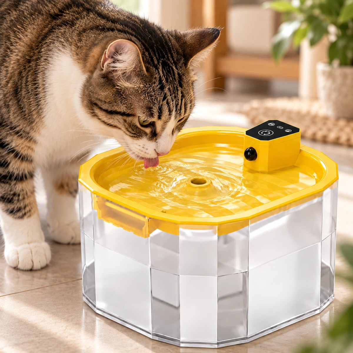 Gros plan d’un chat déclenchant l’écoulement par capteur de la fontaine jaune Doralie.