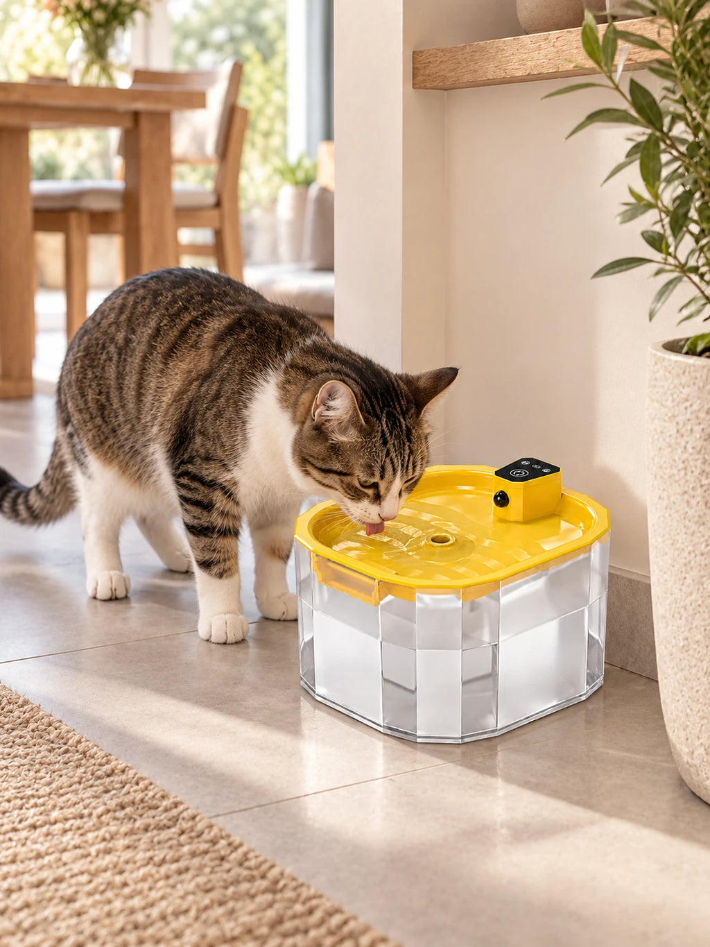 Chat buvant dans la fontaine sans fil jaune Doralie installée dans un coin d’eau lumineux.