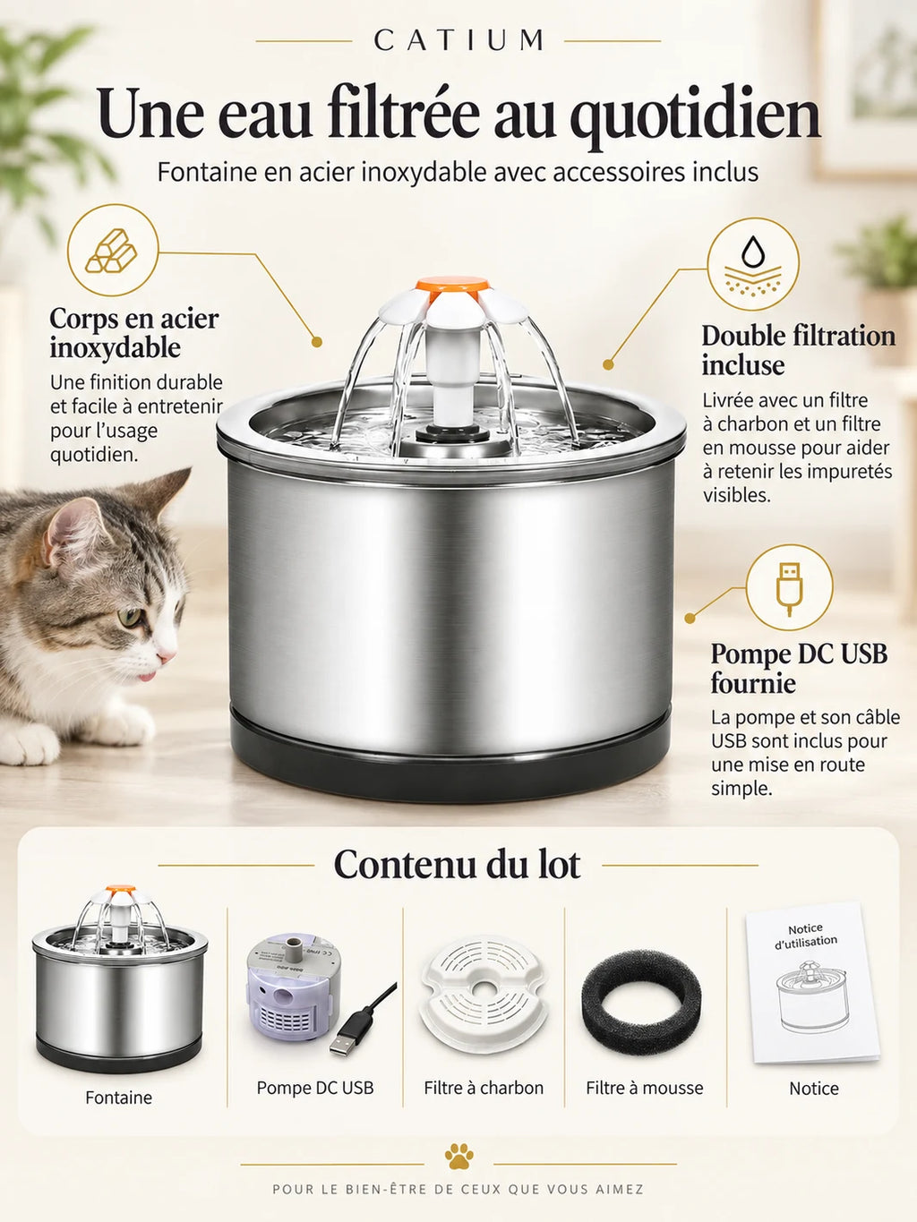 Éléments inclus avec Florévia : pompe USB, filtre à charbon, filtre en mousse et notice.