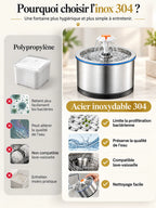 Fontaine Florévia en inox 304 avec éléments faciles à nettoyer et compatibles lave-vaisselle.