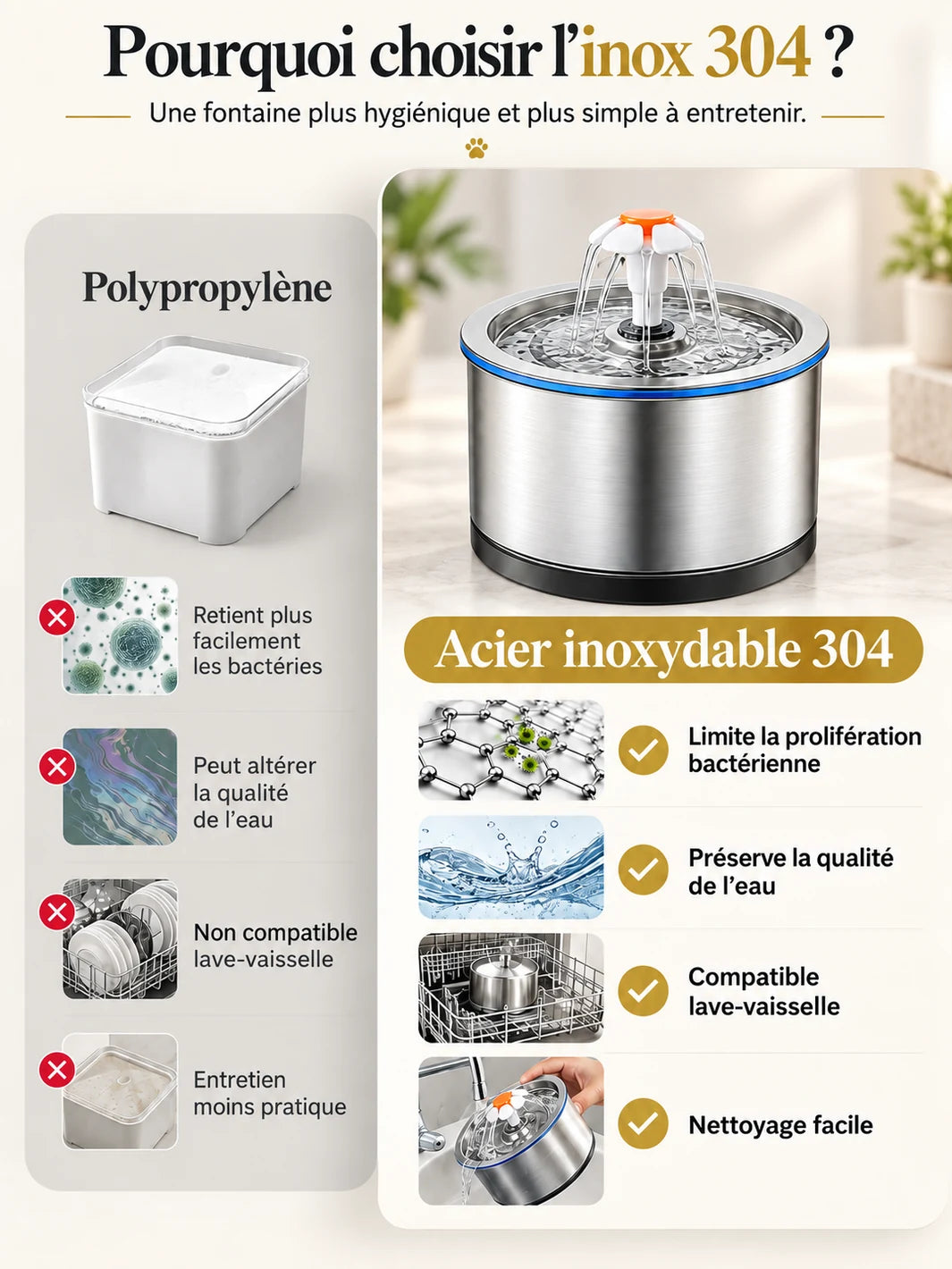Fontaine Florévia en inox 304 avec éléments faciles à nettoyer et compatibles lave-vaisselle.