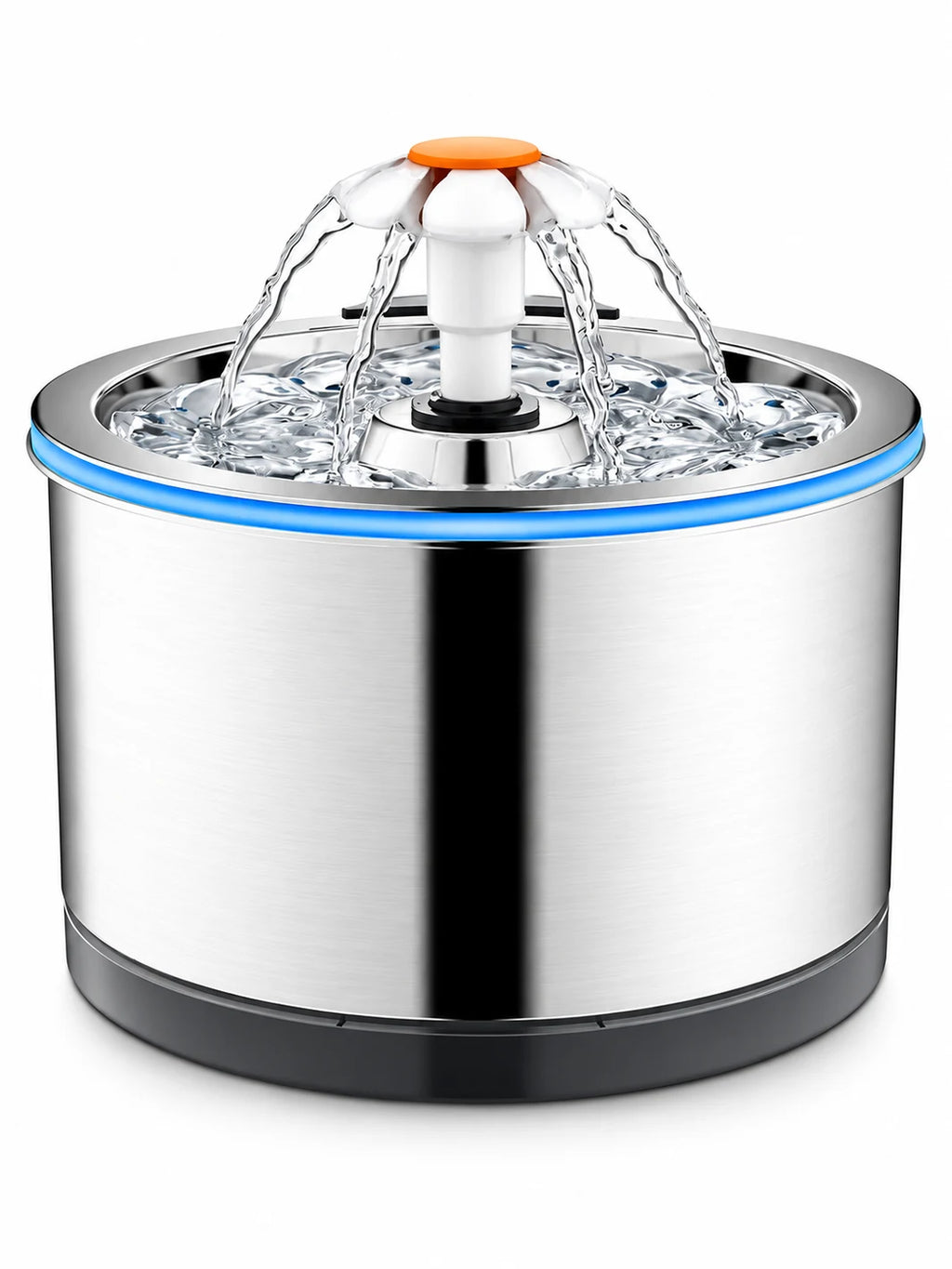 Fontaine à eau pour chat Florévia en inox 304 avec embout fleur blanc et orange, sur fond blanc.