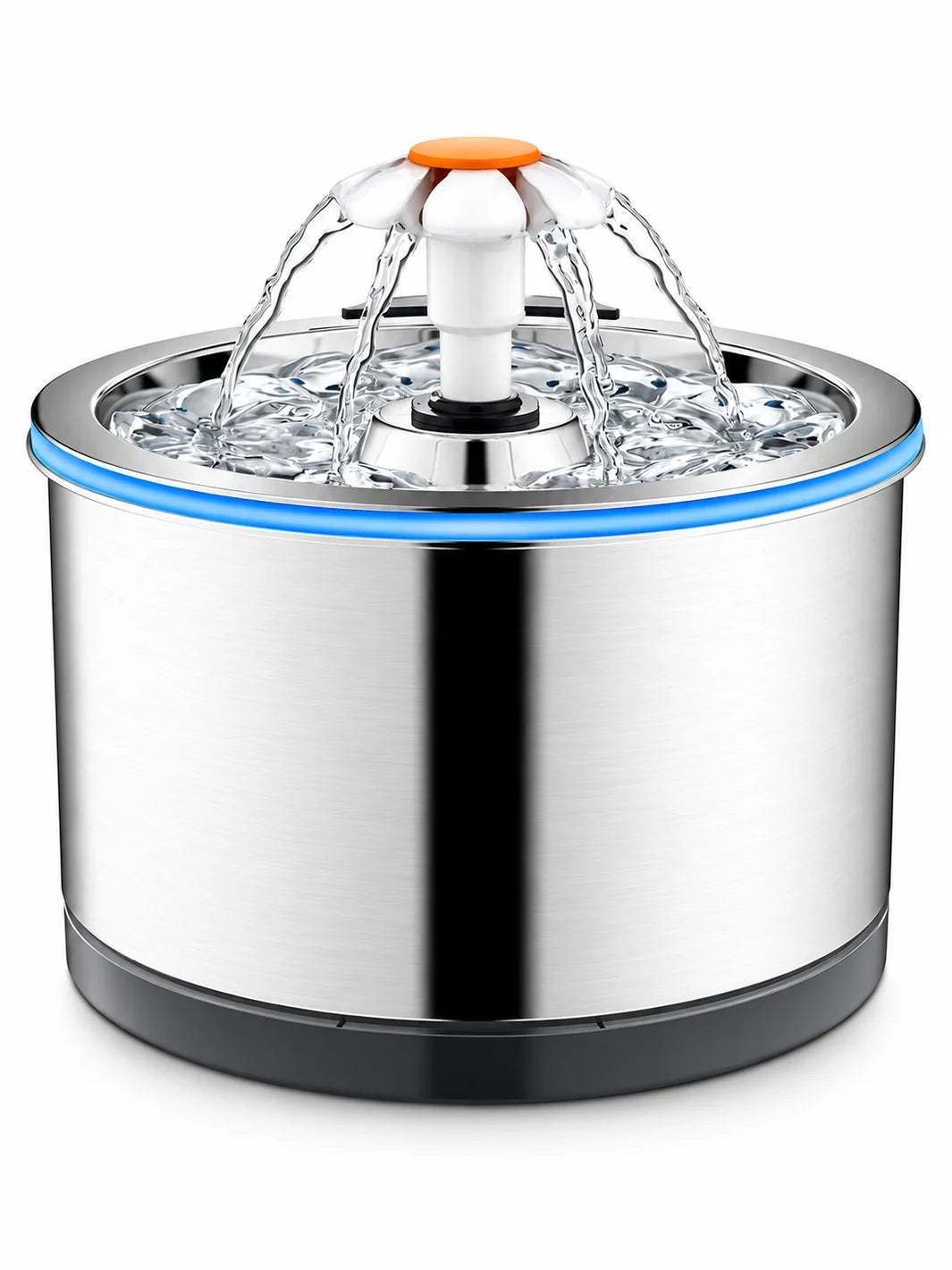 Fontaine à eau pour chat Florévia en inox 304 avec embout fleur blanc et orange, sur fond blanc.