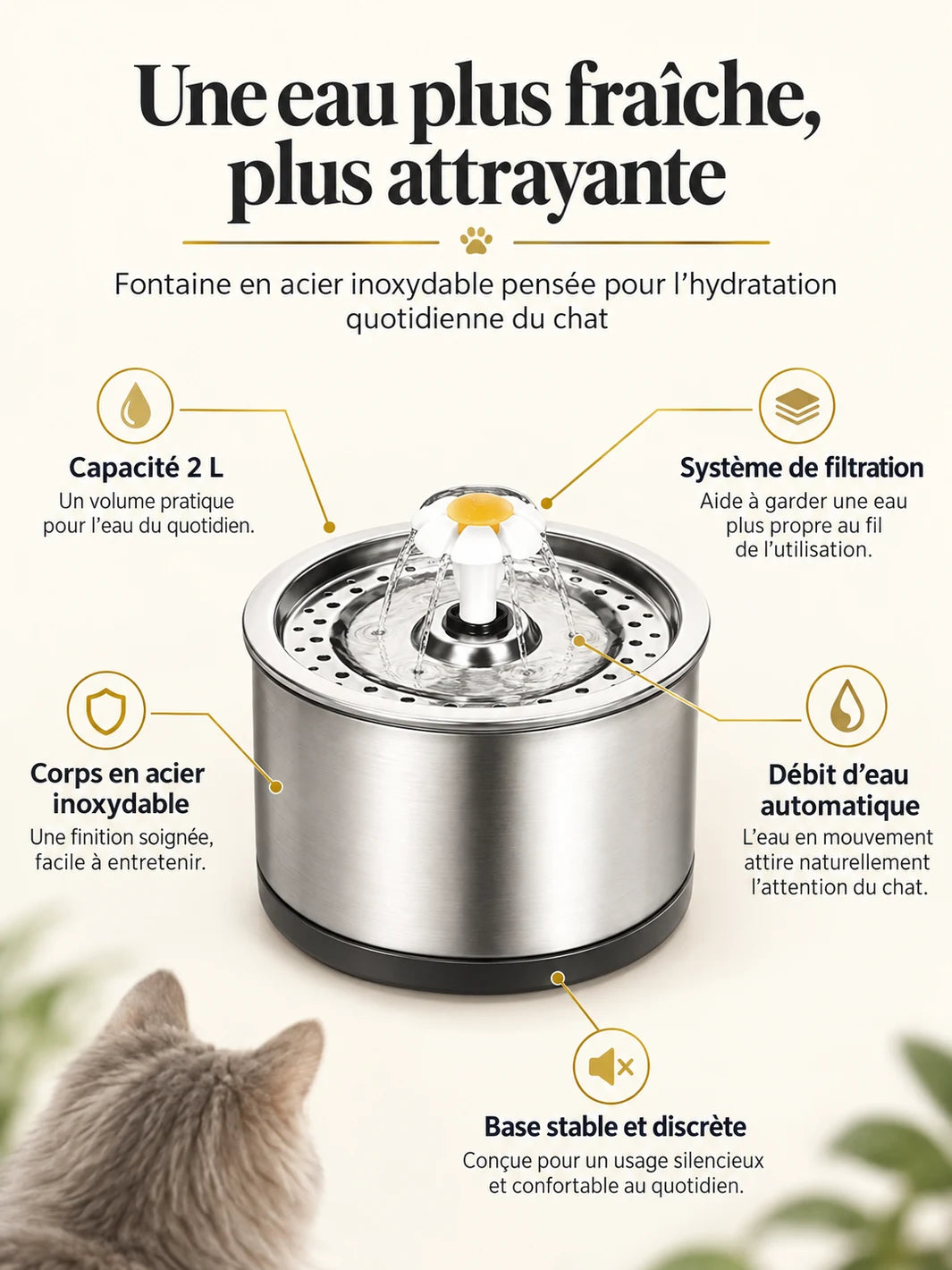 Présentation de la fontaine Florévia avec corps en inox, système de filtration et base stable.