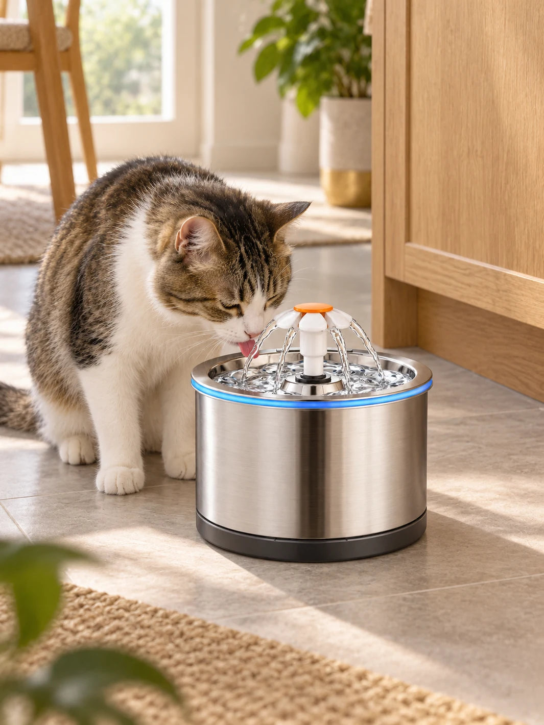 Chat buvant dans la fontaine à eau Florévia en inox, installée dans un intérieur lumineux.