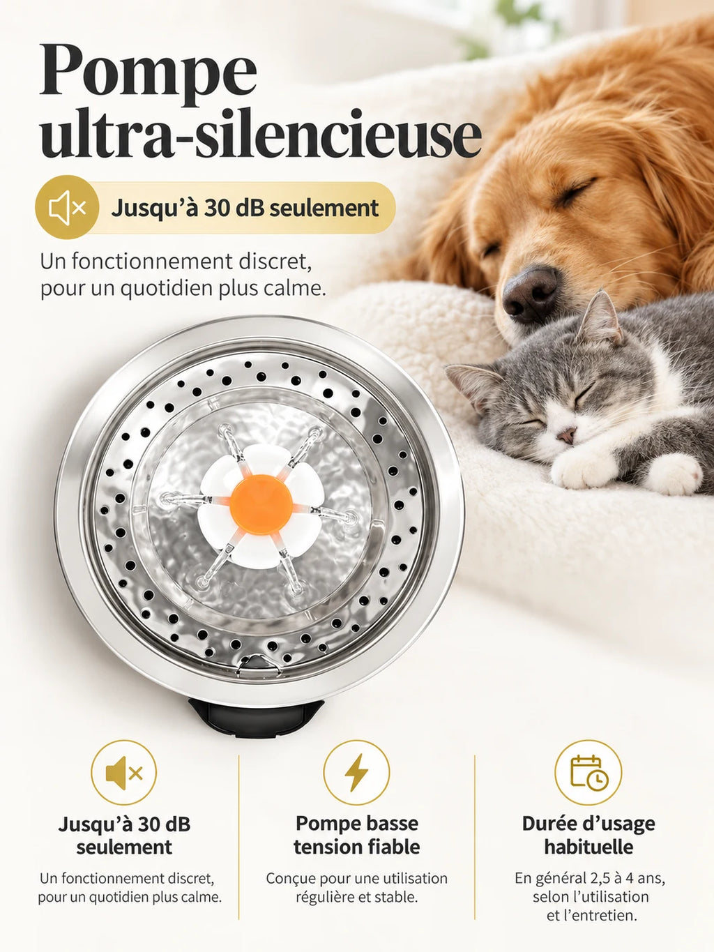 Pompe de la fontaine Florévia fonctionnant jusqu’à 30 dB près d’un chat et d’un chien au repos.