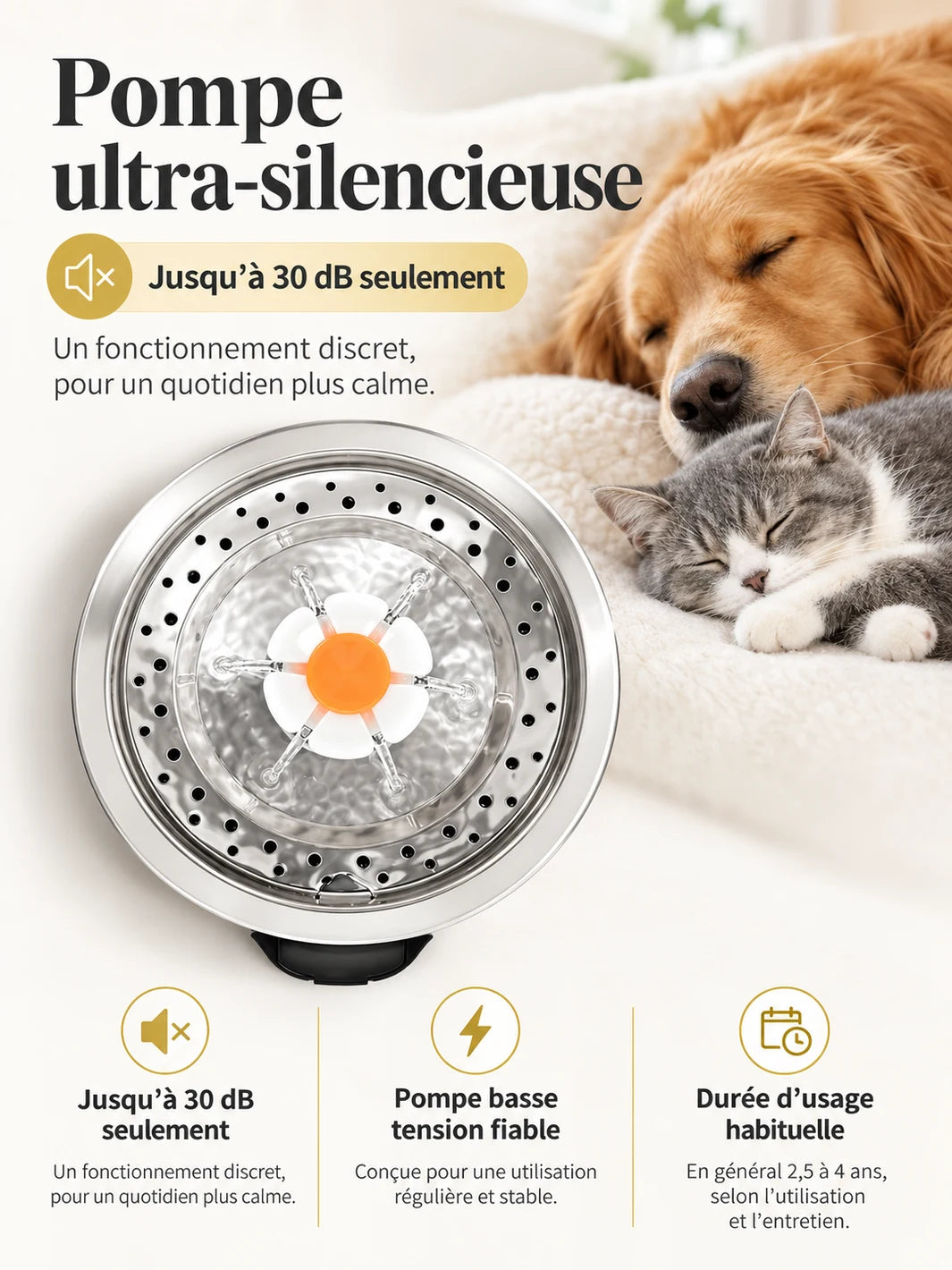 Pompe de la fontaine Florévia fonctionnant jusqu’à 30 dB près d’un chat et d’un chien au repos.