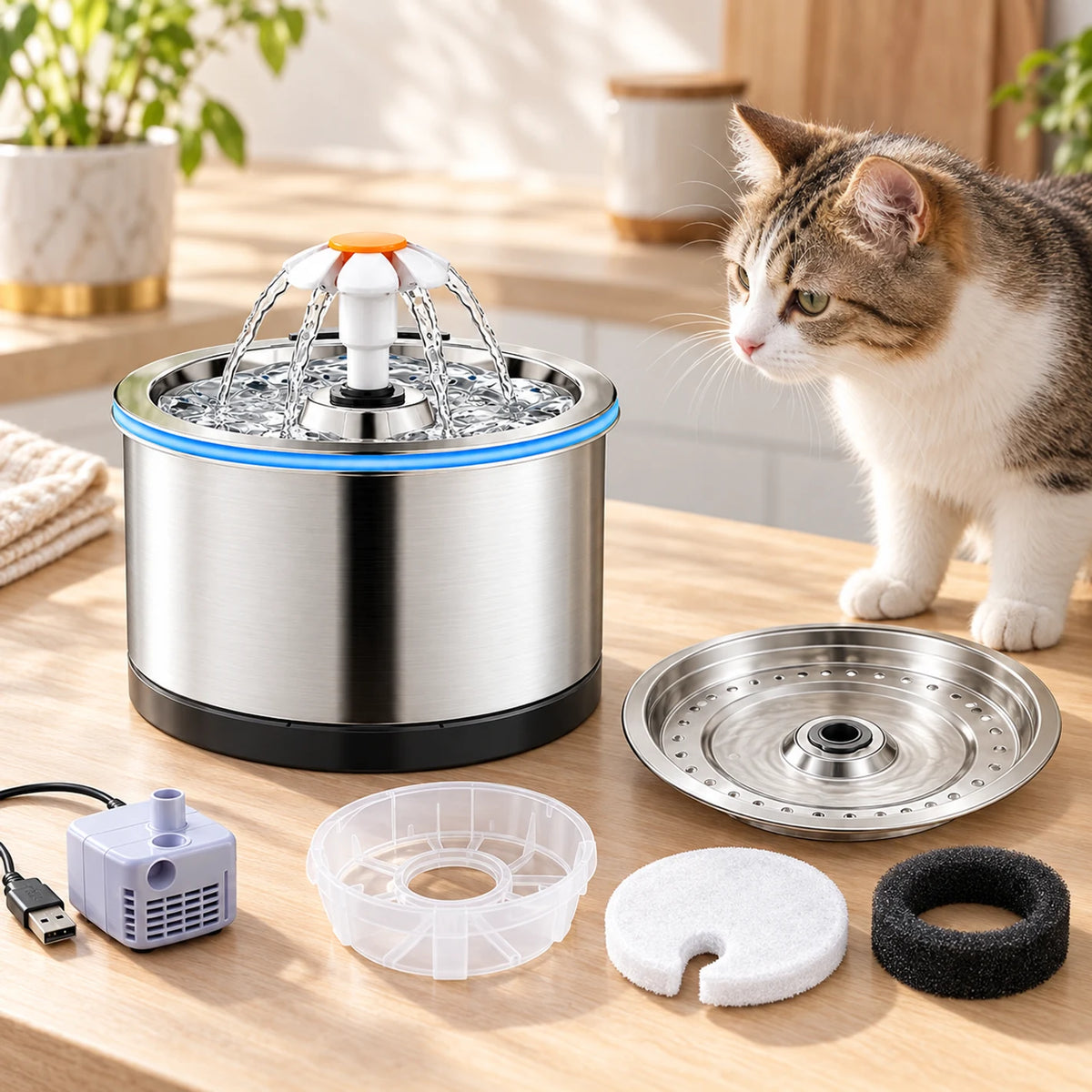 Fontaine Florévia avec pompe USB, plateau, filtre multicouche et mousse de préfiltration accessibles.