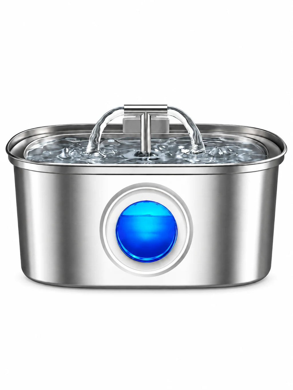 Fontaine à eau pour chat Nivéora en inox 3,2 L avec jet en T et niveau lumineux bleu, sur fond blanc.