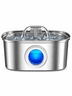 Fontaine à eau pour chat Nivéora en inox 3,2 L avec jet en T et niveau lumineux bleu, sur fond blanc.