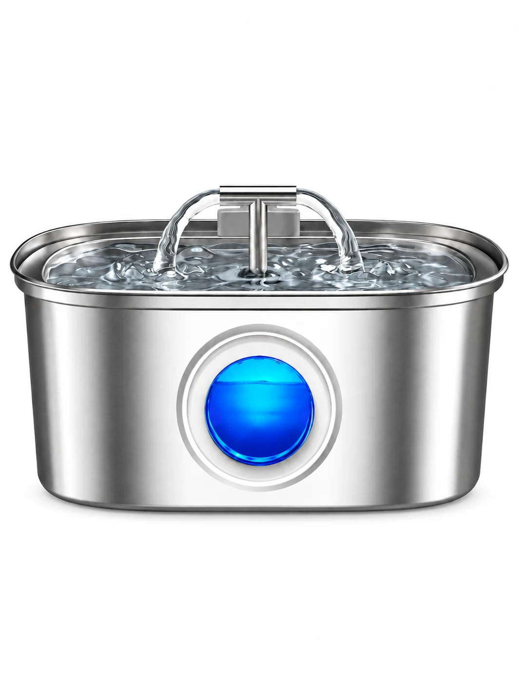 Fontaine à eau pour chat Nivéora en inox 3,2 L avec jet en T et niveau lumineux bleu, sur fond blanc.