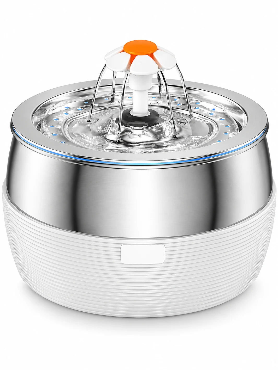 Fontaine à eau pour chat en inox 3 L Lyséa, base blanche et embout fleur, présentée sur fond blanc.