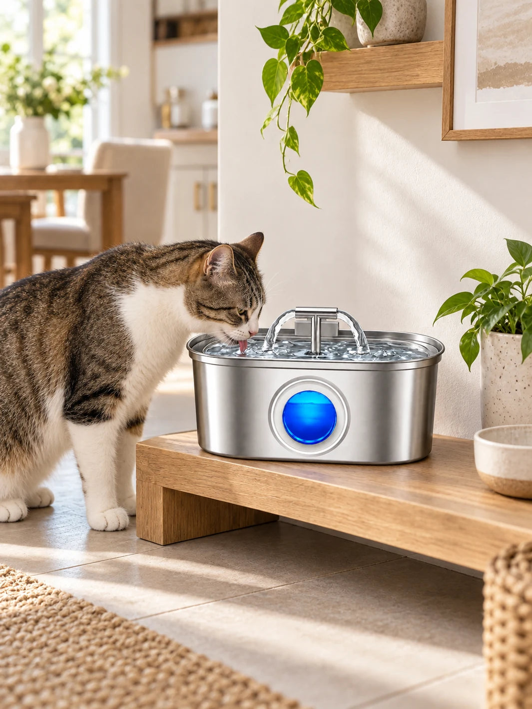 Chat découvrant la fontaine à eau en inox Nivéora installée sur un support bas dans un intérieur lumineux.