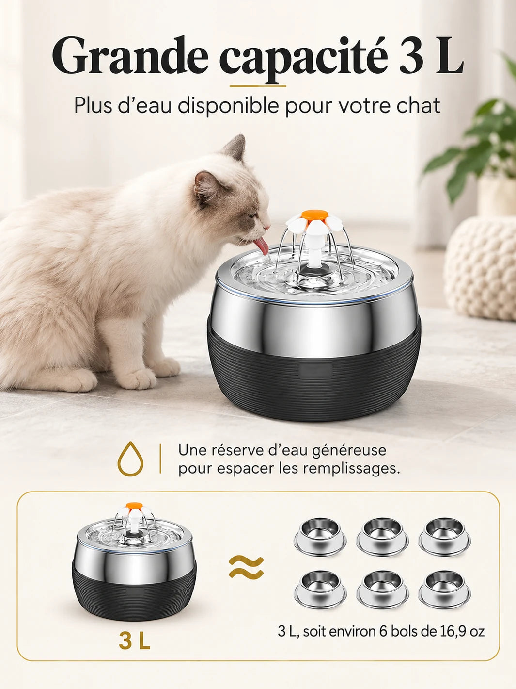 Capacité de 3 L de la fontaine à eau pour chat Sénévia avec ses différents embouts.