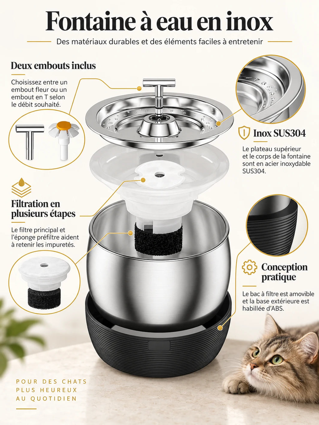 Composants de Sénévia avec cuve inox, filtration multicouche et deux embouts interchangeables.