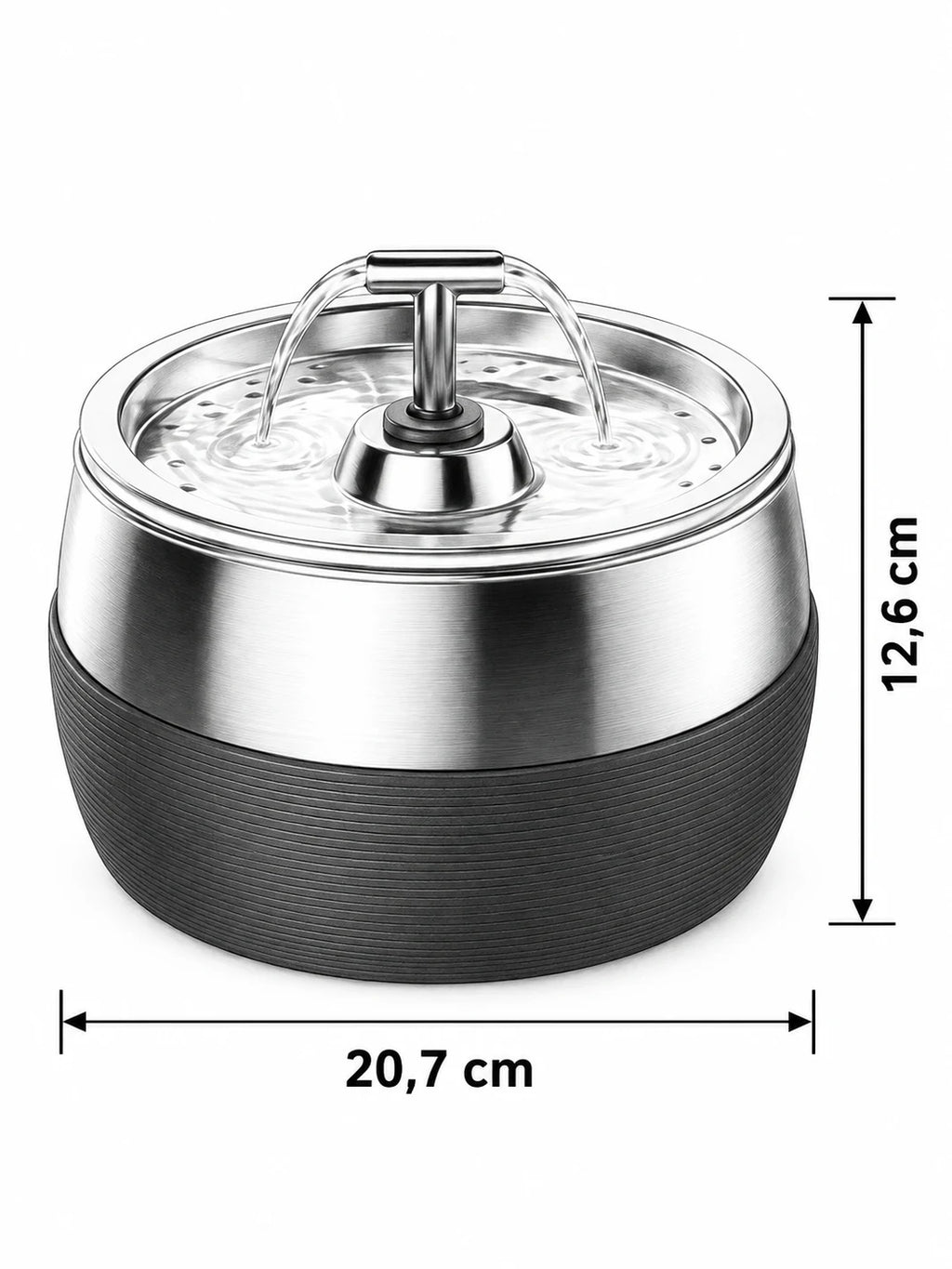 Dimensions de la fontaine Sénévia : 20,7 cm de diamètre sur 12,6 cm de hauteur.
