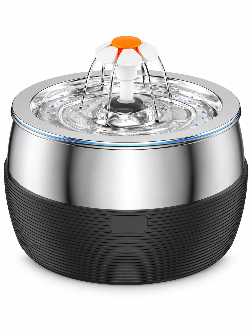 Fontaine à eau pour chat en inox noire Sénévia de 3 L avec embout fleur, sur fond blanc.