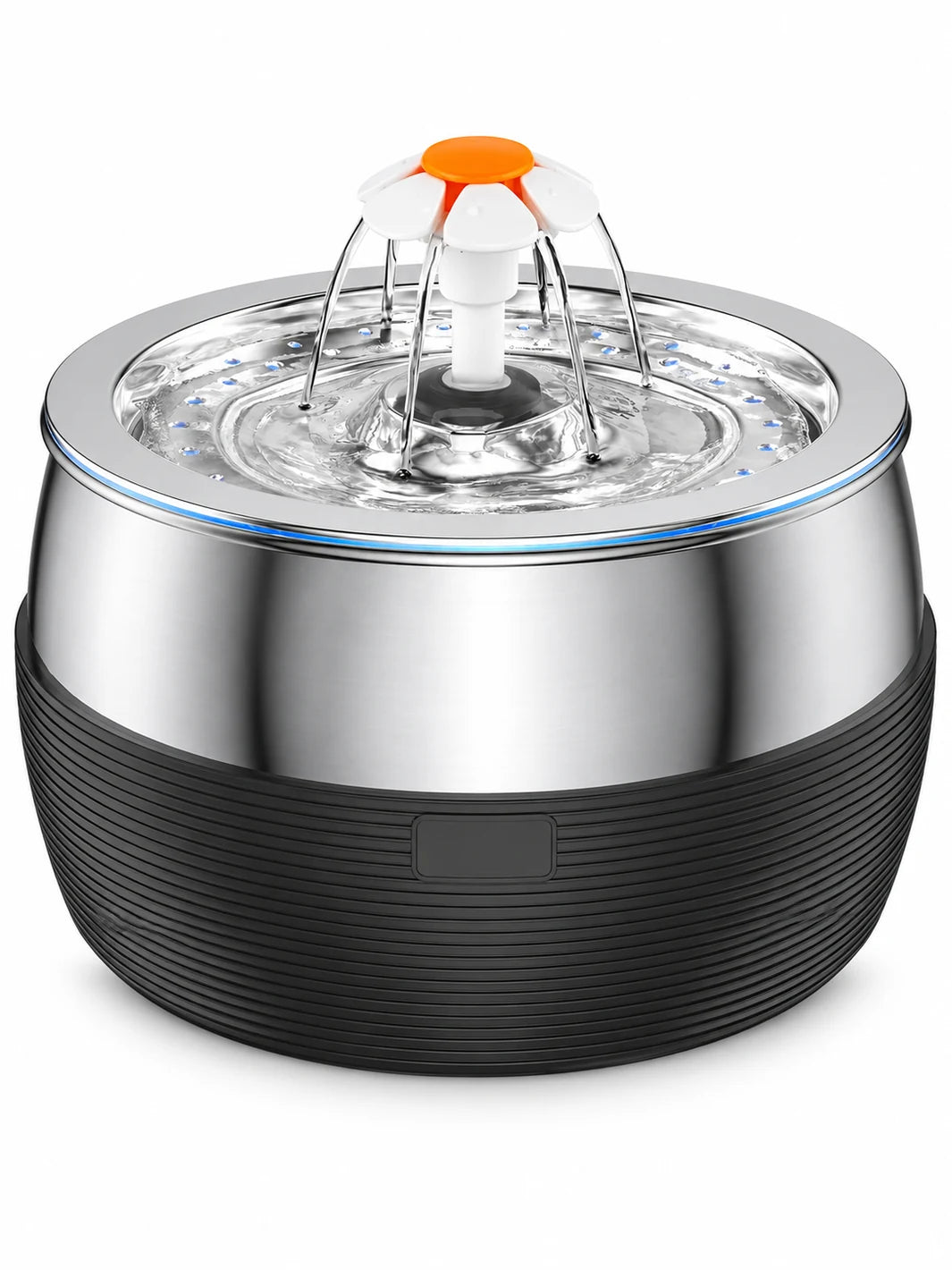 Fontaine à eau pour chat en inox noire Sénévia de 3 L avec embout fleur, sur fond blanc.