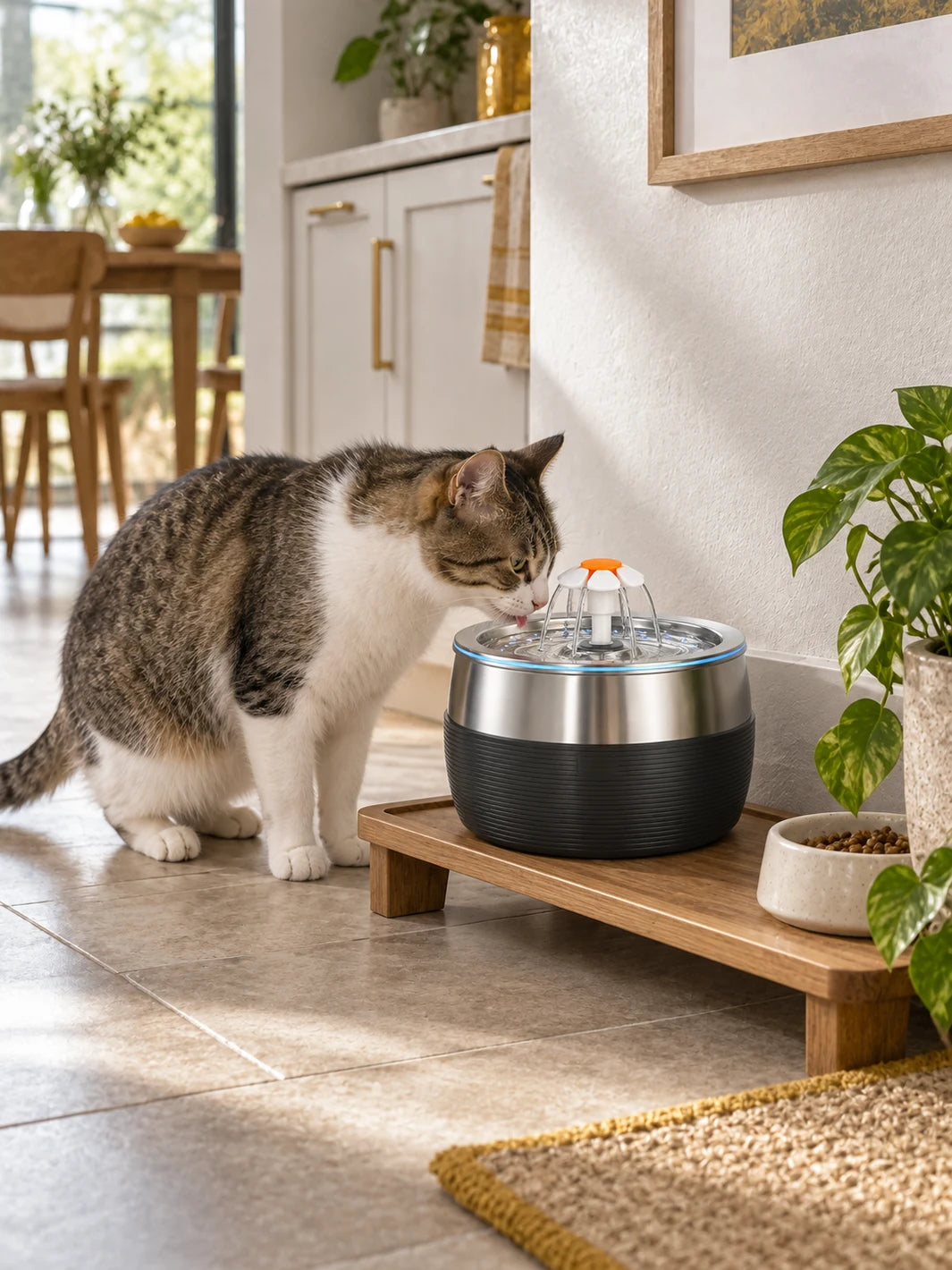 Chat utilisant la fontaine à eau noire et inox Sénévia dans un espace intérieur aménagé.