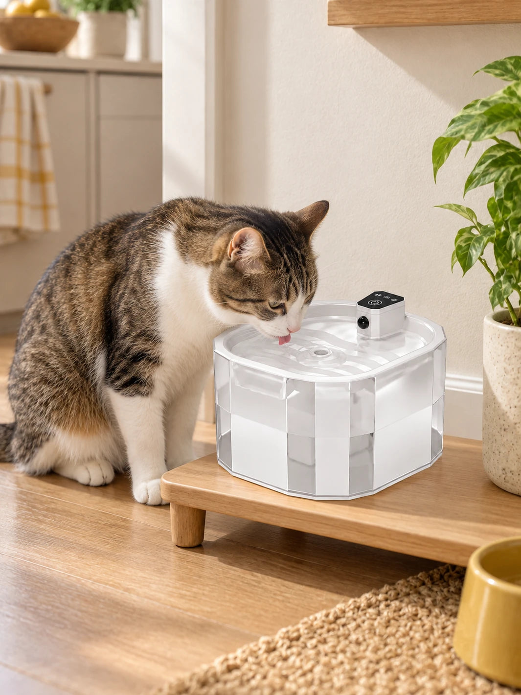 Chat utilisant la fontaine blanche Ivoréa sur un support en bois dans un intérieur lumineux.