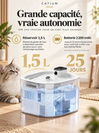Capacité de 1,5 L et batterie de 2 200 mAh de la fontaine pour chat Ivoréa.