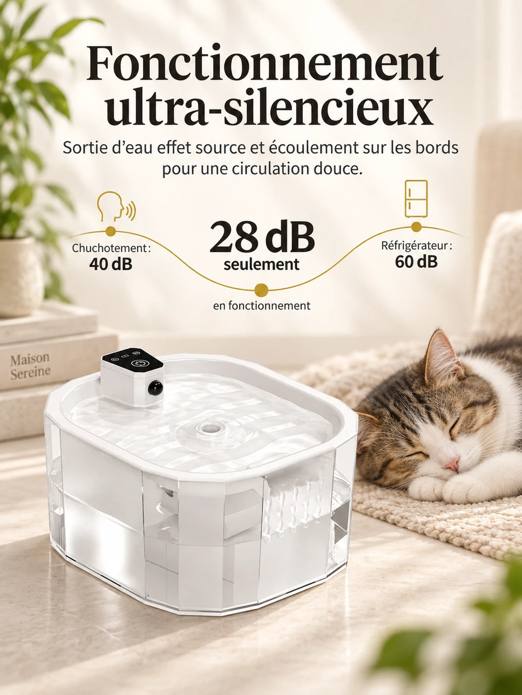 Fonctionnement à 28 dB de la fontaine blanche Ivoréa près d’un chat endormi.