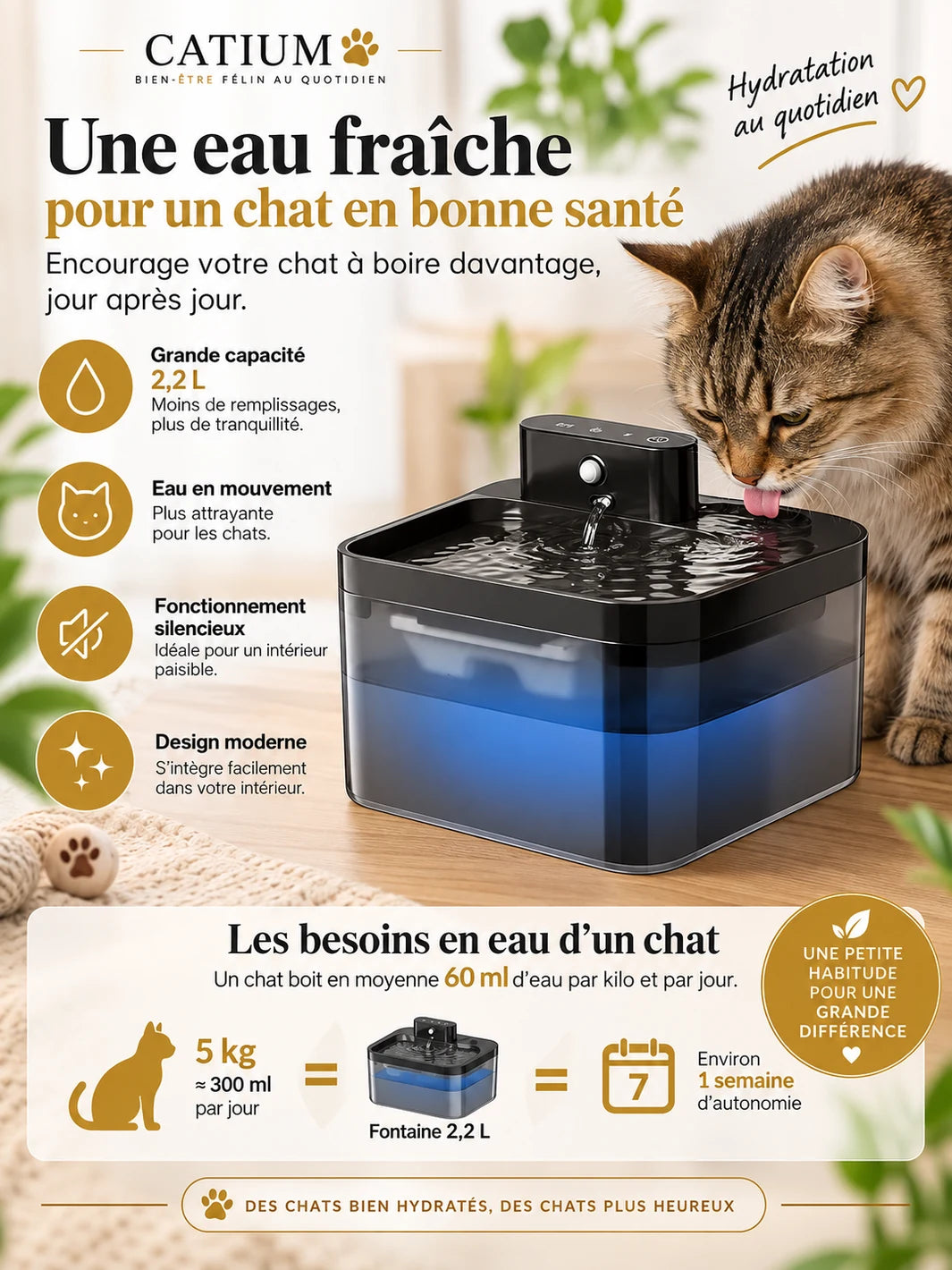 Réservoir translucide de 2,2 L de la fontaine à eau pour chat Lumévia.