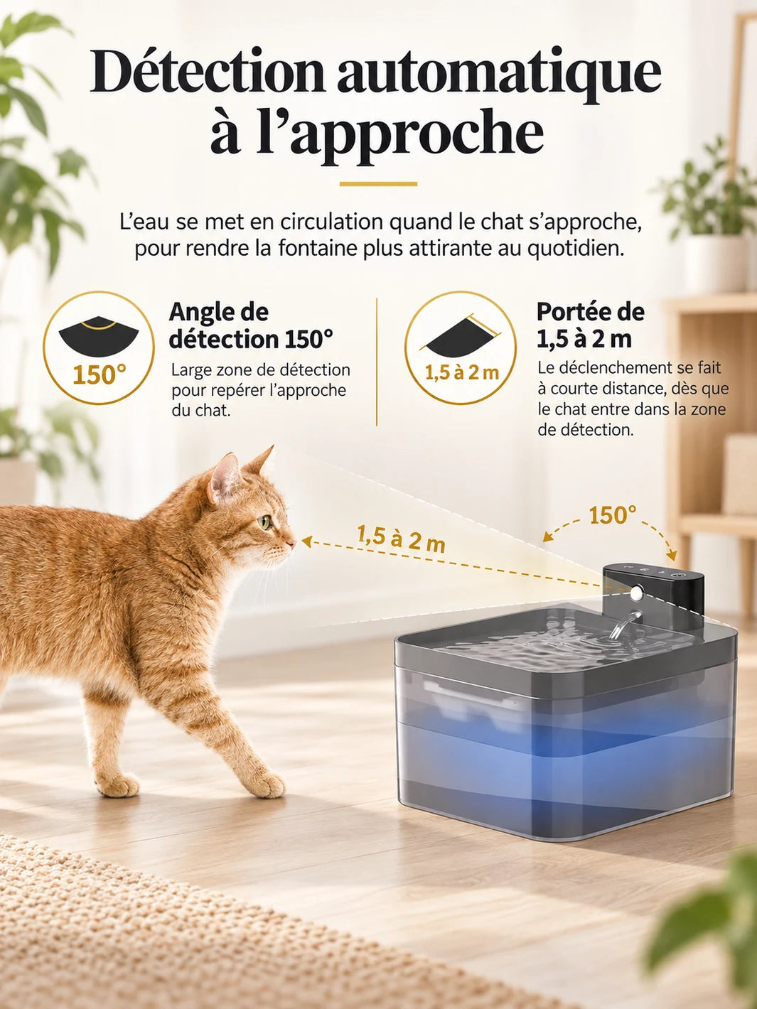 Détecteur de mouvement à 150° avec portée de 1,5 à 2 m sur la fontaine Lumévia.