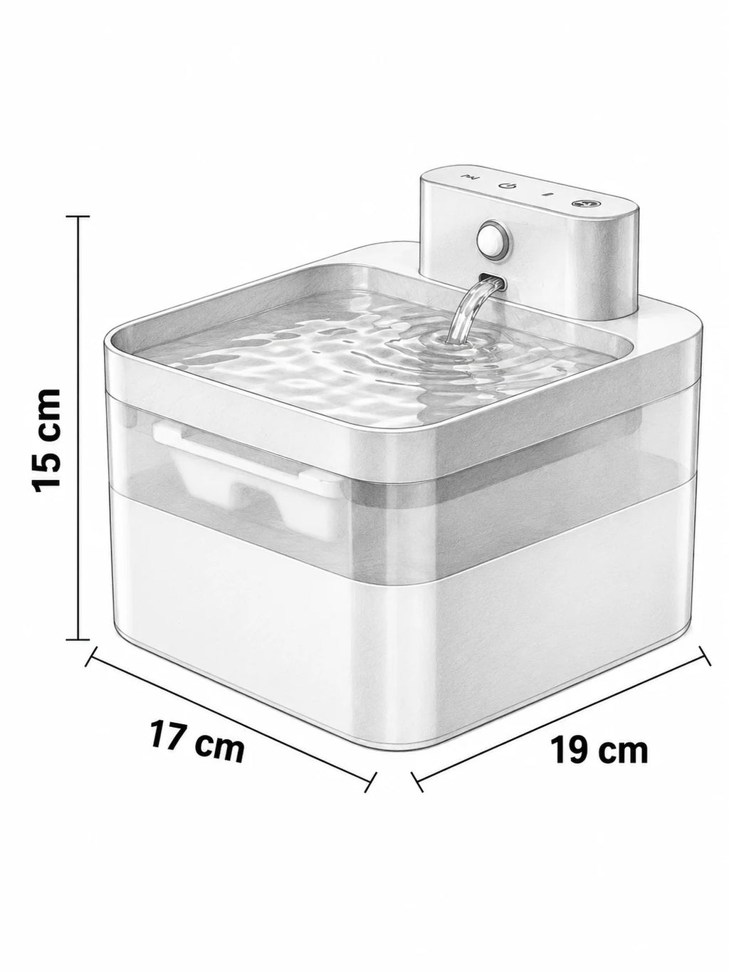 Dimensions de la fontaine Lumévia : 17 × 19 cm et 15 cm de hauteur.