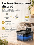 Fontaine à eau Lumévia en fonctionnement à 25 dB près d’un chat au repos.