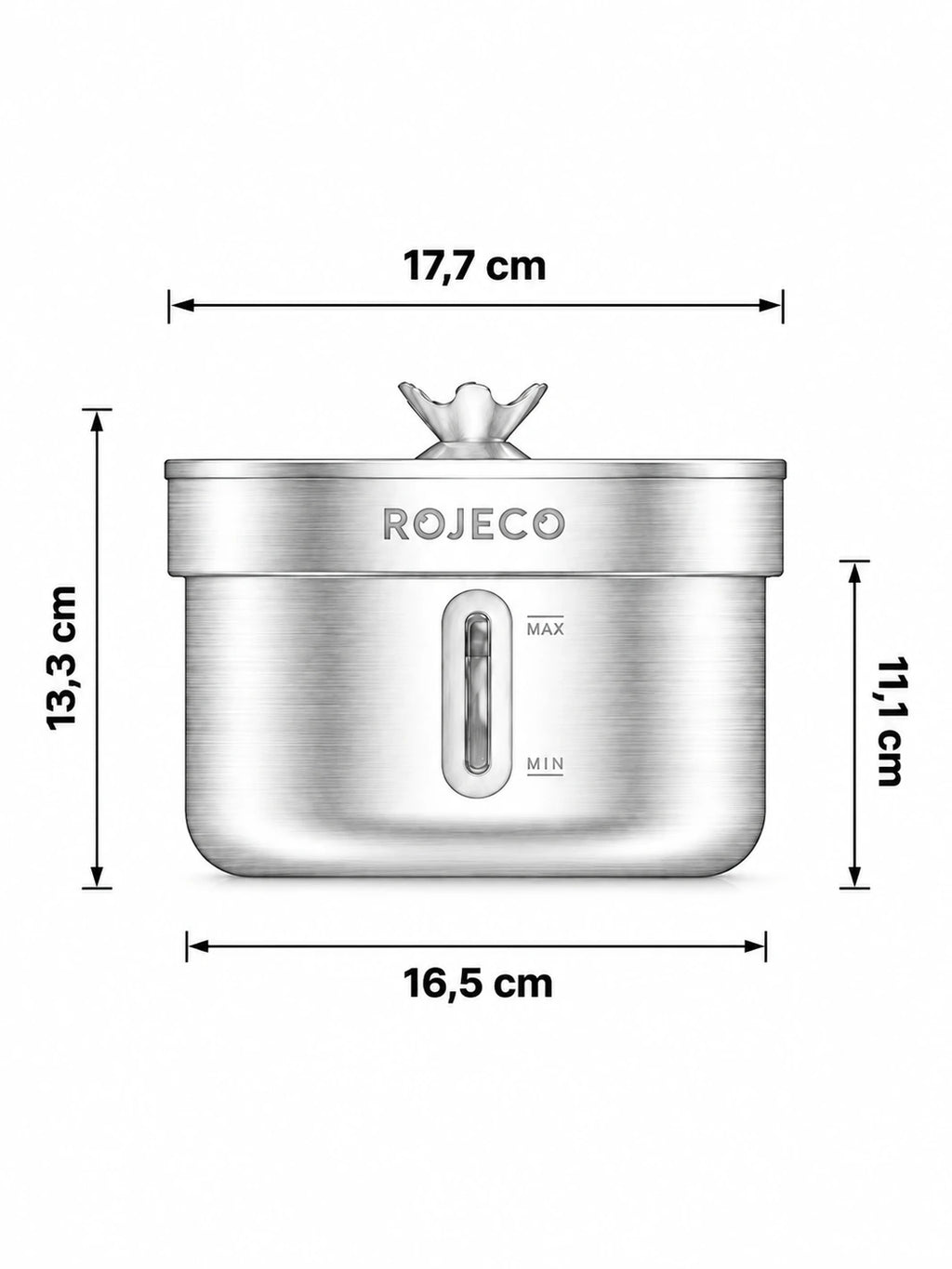 Dimensions de la fontaine à eau Nériva : plateau de 17,7 cm de diamètre et hauteur totale de 13,3 cm.