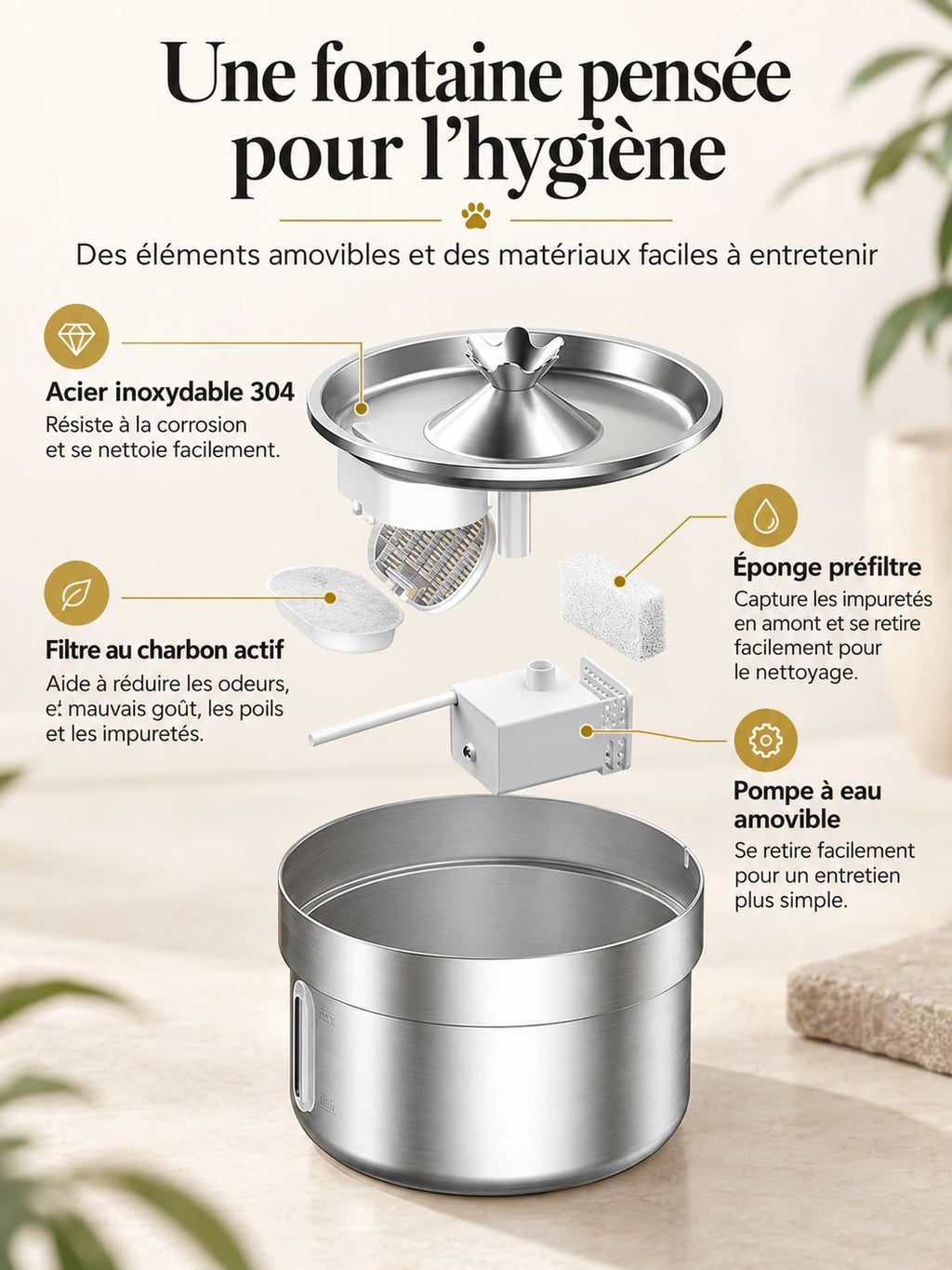 Vue des éléments amovibles de Nériva : plateau en inox, filtre à charbon actif, préfiltre, pompe et cuve.