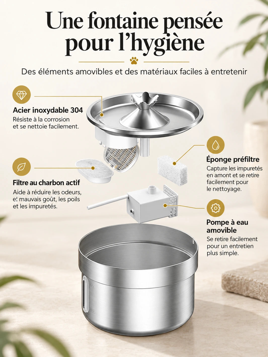 Vue des éléments amovibles de Nériva : plateau en inox, filtre à charbon actif, préfiltre, pompe et cuve.