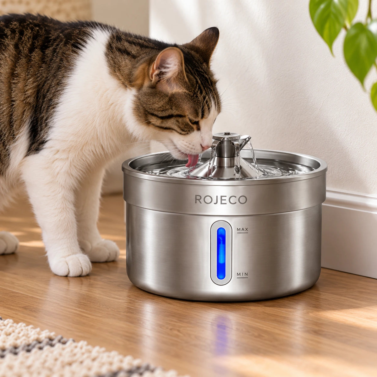 Gros plan de la fontaine à eau Nériva et de sa fenêtre de niveau bleue, avec un chat buvant au jet central.